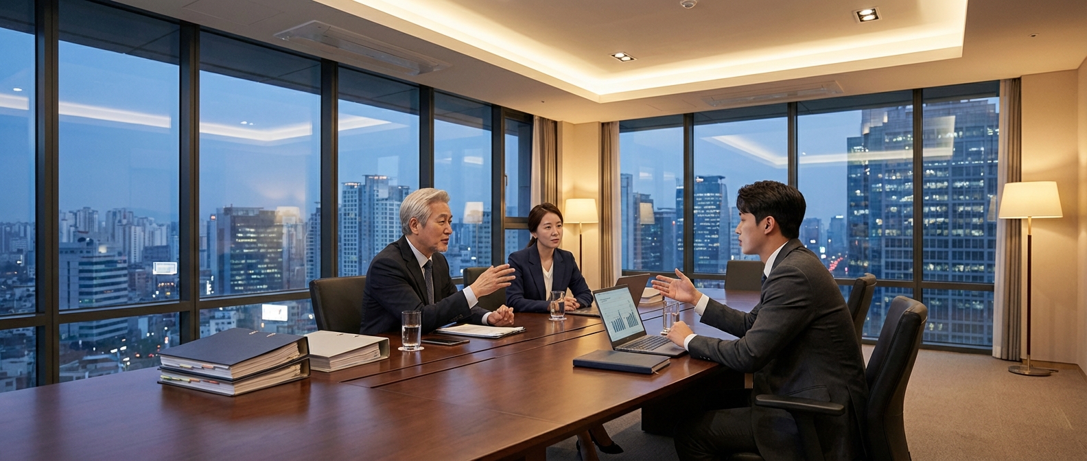 정진 법률사무소 사무실에서 회의 중인 변호사 팀